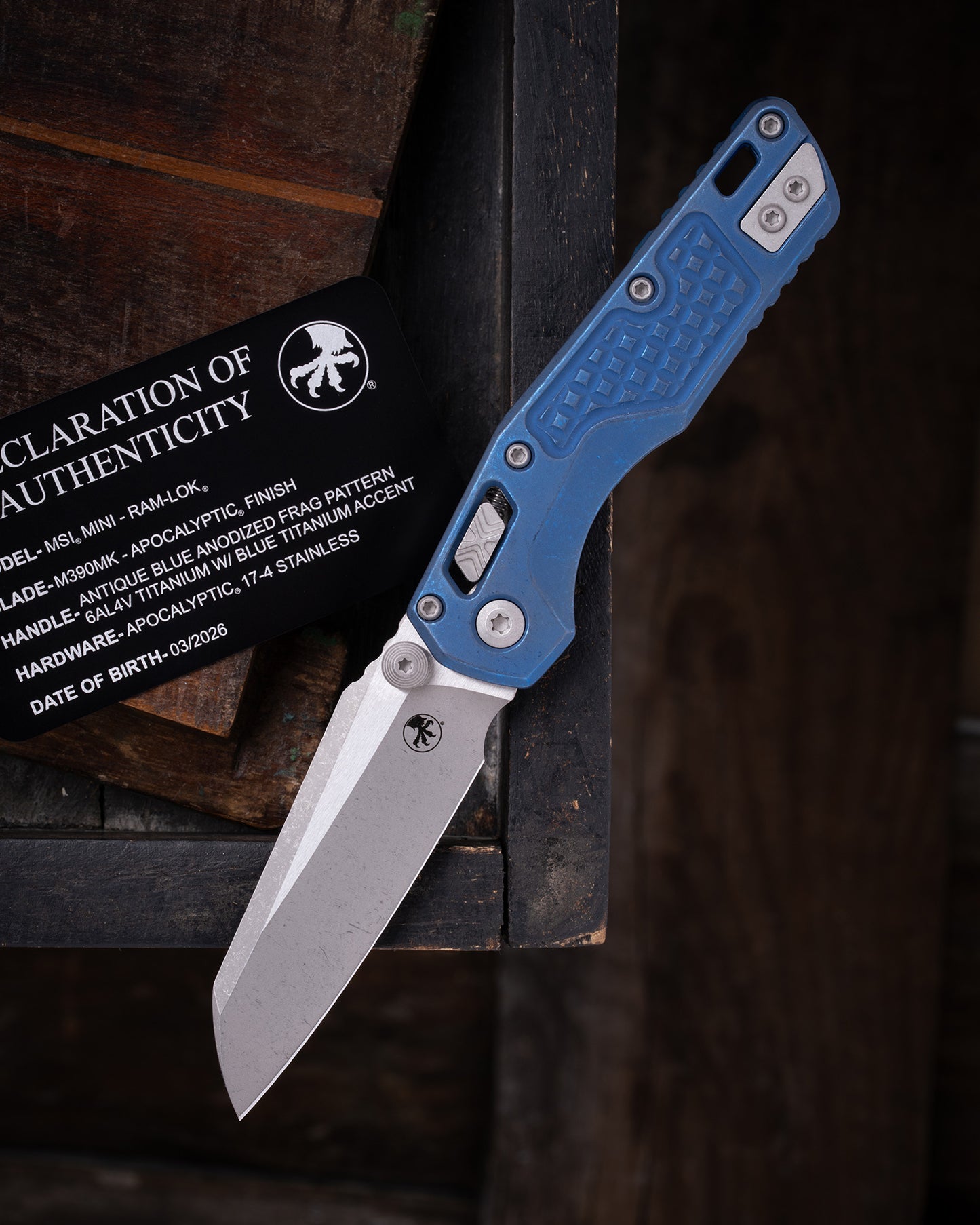 MSI® RAM-LOK® MINI MARFIONE SELECT APOCALYPTIC FINISH ANTIQUE BLUE ANODIZED FRAG PATTERN TITANIUM W/ BLUE TITANIUM ACCENT APOCALYPTIC STAINLESS (210M-10APFRMS2)