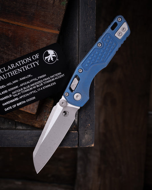 MSI® RAM-LOK® MINI MARFIONE SELECT APOCALYPTIC FINISH ANTIQUE BLUE ANODIZED FRAG PATTERN TITANIUM W/ BLUE TITANIUM ACCENT APOCALYPTIC STAINLESS (210M-10APFRMS2)