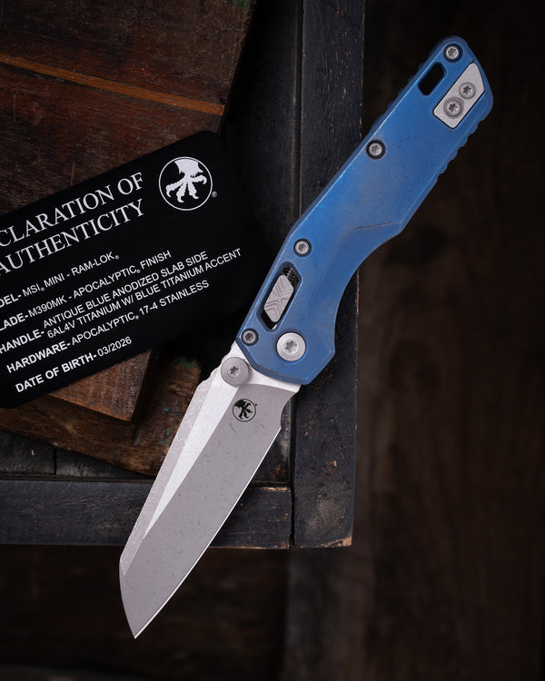 MSI® RAM-LOK® MINI MARFIONE SELECT APOCALYPTIC FINISH ANTIQUE BLUE ANODIZED SLAB SIDE TITANIUM W/ BLUE TITANIUM ACCENT APOCALYPTIC STAINLESS (210M-10APMS2)