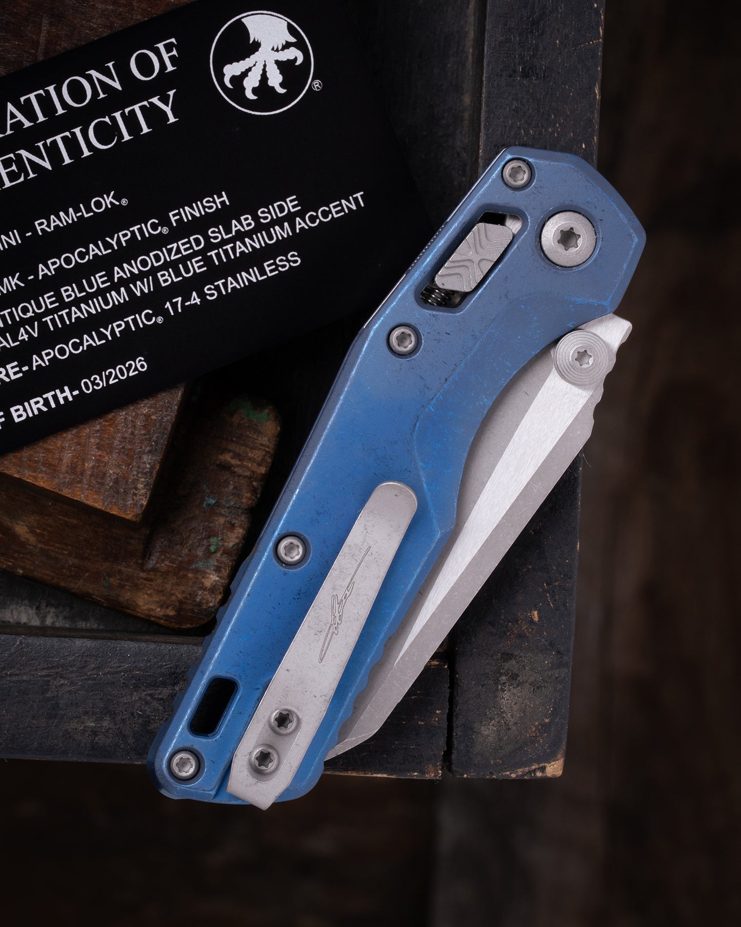 MSI® RAM-LOK® MINI MARFIONE SELECT APOCALYPTIC FINISH ANTIQUE BLUE ANODIZED SLAB SIDE TITANIUM W/ BLUE TITANIUM ACCENT APOCALYPTIC STAINLESS (210M-10APMS2)