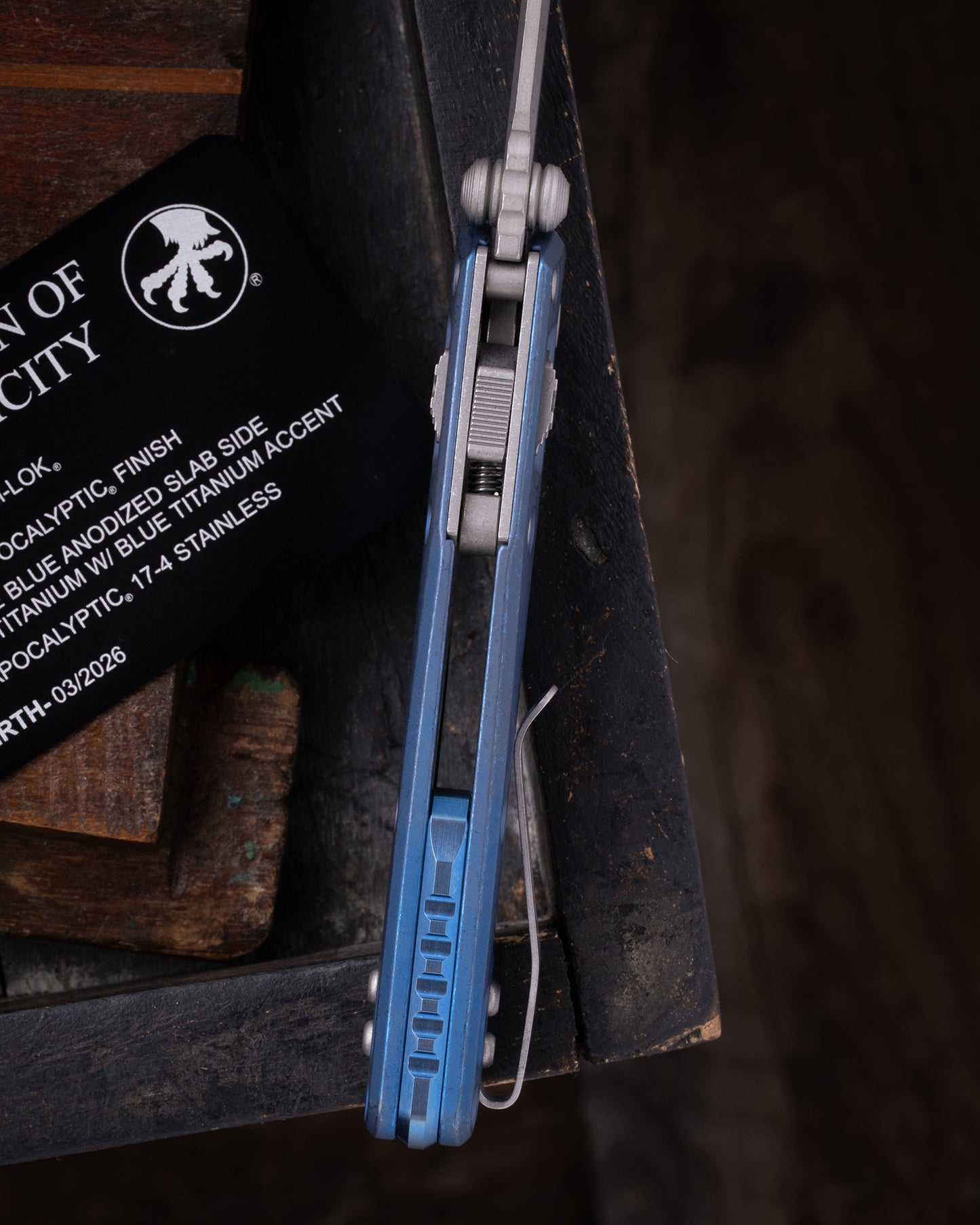 MSI® RAM-LOK® MINI MARFIONE SELECT APOCALYPTIC FINISH ANTIQUE BLUE ANODIZED SLAB SIDE TITANIUM W/ BLUE TITANIUM ACCENT APOCALYPTIC STAINLESS (210M-10APMS2)