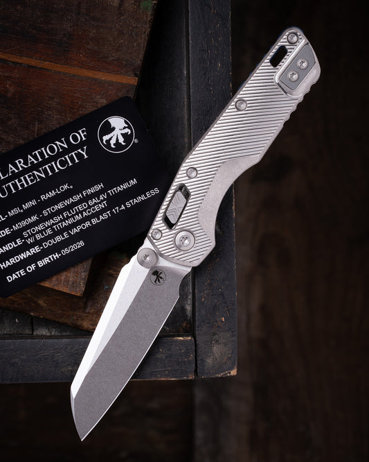 MSI® RAM-LOK® MINI MARFIONE SELECT STONEWASH FINISH STONEWASH FINISH FLUTED TITANIUM W/ BLUE TITANIUM ACCENT DOUBLE VAPOR BLAST STAINLESS (210M-10FLMS3)