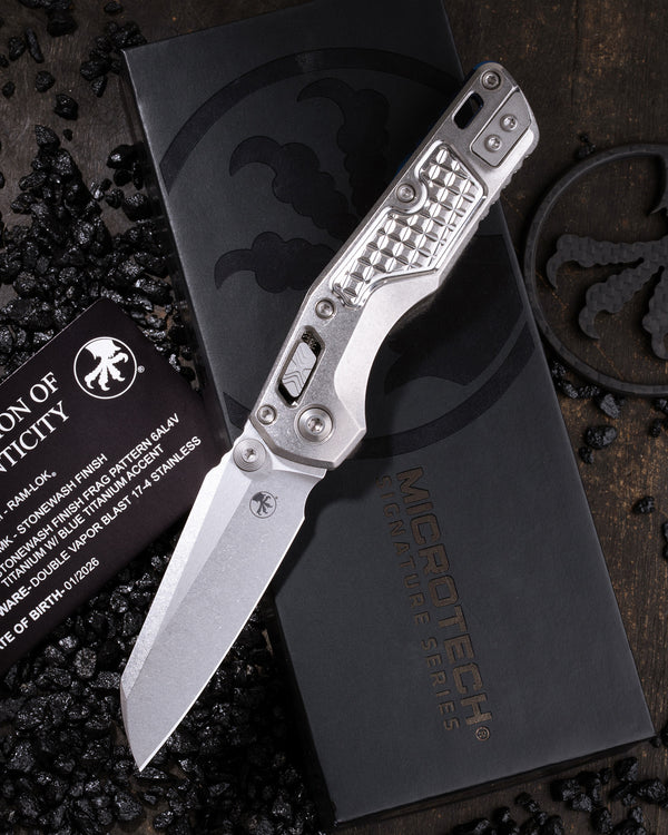 MSI MINI- RAM-LOK MARFIONE SELECT STONEWASH FINISH STONEWASH FINISH FRAG PATTERN TITANIUM W/BLUE TITANIUM ACCENT DOUBLE VAPOR BLAST STAINLESS