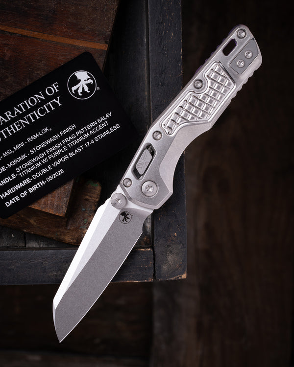 MSI® MINI- RAM-LOK MARFIONE SELECT STONEWASH FINISH STONEWASH FINISH FRAG PATTERN TITANIUM W/ PURPLE TITANIUM ACCENT DOUBLE VAPOR BLAST STAINLESS (210M-10FRMS4)