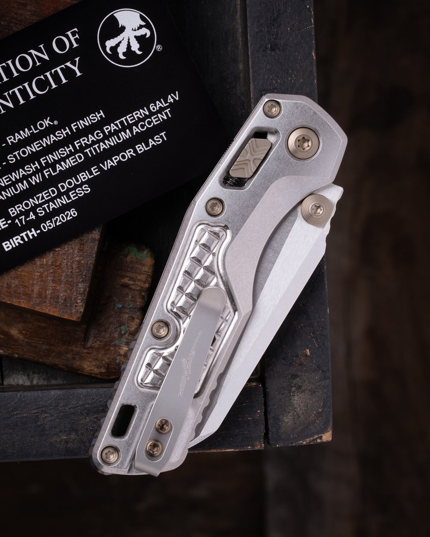 MSI® RAM-LOK MINI MARFIONE SELECT STONEWASH FINISH FRAG PATTERN TITANIUM WITH FLAMED TITANIUM ACCENT DOUBLE VAPOR BLAST STAINLESS (210M-10FRMS5)