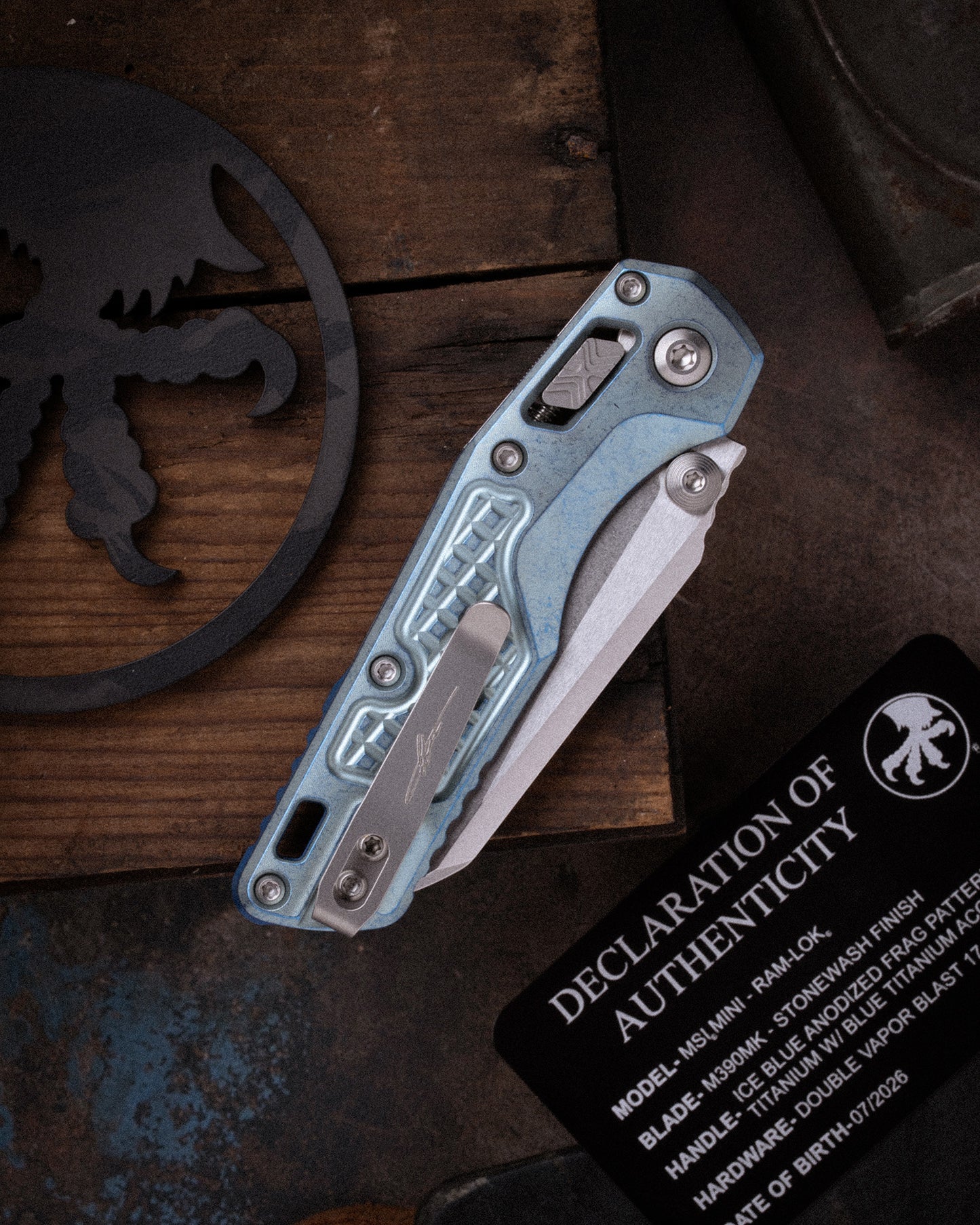 MSI® RAM-LOK MINI MARFIONE SELECT STONEWASH FINISH ICE BLUE ANODIZED FRAG PATTERN TITANIUM W/ BLUE TITANIUM ACCENT DOUBLE VAPOR BLAST STAINLESS (210M-10FRMS7)