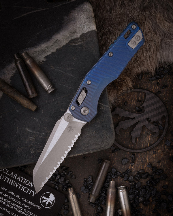 MSI® RAM-LOK® MINI FULL SERRATED MARFIONE SELECT APOCALYPTIC® FINISH ANTIQUE BLUE ANODIZED FLUTED TITANIUM W/ BLUE TITANIUM ACCENT APOCALYPTIC® STAINLESS (210M-12APFLMS2)