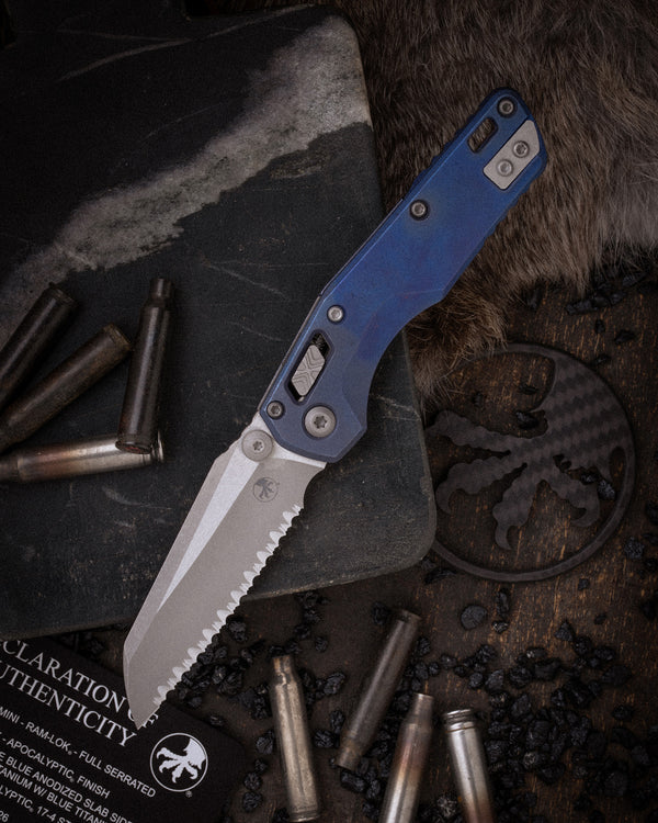 MSI® RAM-LOK® MINI FULL SERRATED MARFIONE SELECT APOCALYPTIC® FINISH ANTIQUE BLUE ANODIZED SLAB SIDE TITANIUM W/ BLUE TITANIUM ACCENT APOCALYPTIC® STAINLESS (210M-12APMS2)