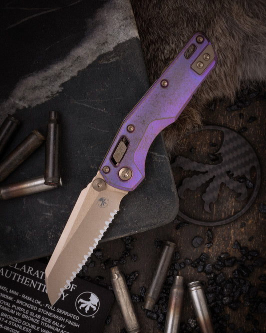 MSI® RAM-LOK® MINI FULL SERRATED MARFIONE SELECT BRONZED STONEWASH FINISH ROYAL PURPLE SLAB SIDE TITANIUM W/ BRONZE TITANIUM ACCENT BRONZED DOUBLE VAPOR BLAST STAINLESS (210M-15MS5)