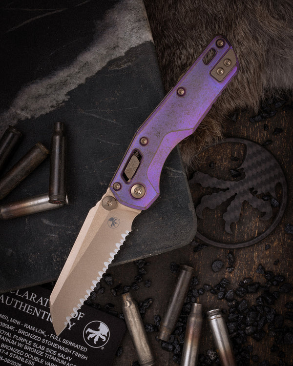 MSI® RAM-LOK® MINI FULL SERRATED MARFIONE SELECT BRONZED STONEWASH FINISH ROYAL PURPLE SLAB SIDE TITANIUM W/ BRONZE TITANIUM ACCENT BRONZED DOUBLE VAPOR BLAST STAINLESS (210M-15MS5)