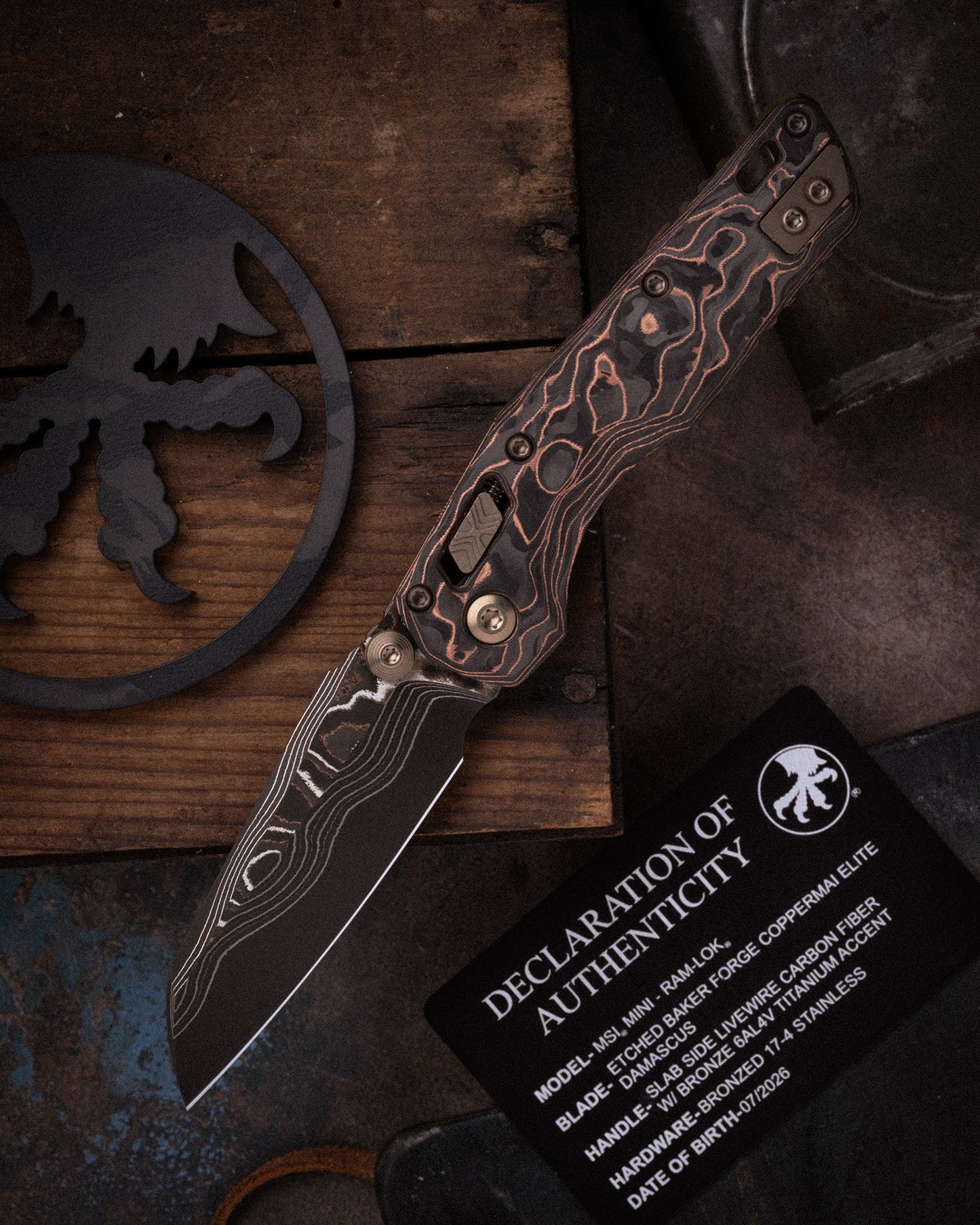 MSI® RAM-LOK® MINI MARFIONE SELECT BAKER FORGE COPPERMAI ELITE DAMASCUS SLAB SIDE LIVEWIRE CARBON FIBER W/ BRONZE TITANIUM ACCENT BRONZED STAINLESS (210M-16MS1)