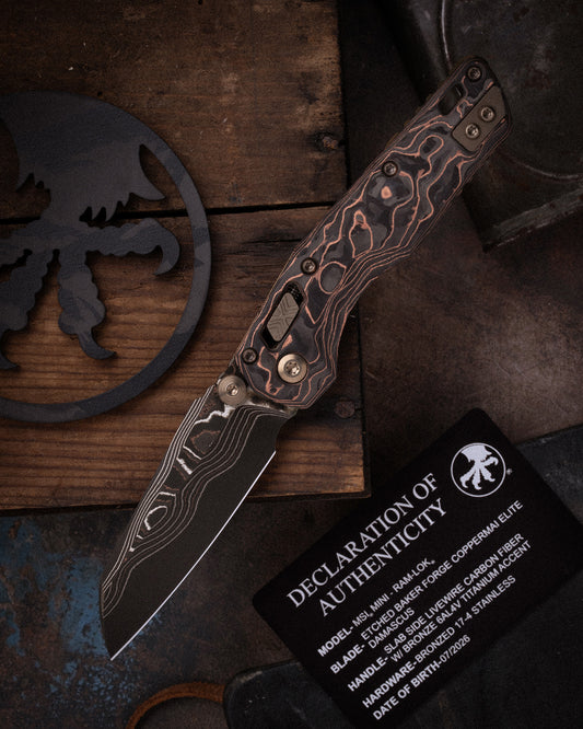 MSI® RAM-LOK® MINI MARFIONE SELECT BAKER FORGE COPPERMAI ELITE DAMASCUS SLAB SIDE LIVEWIRE CARBON FIBER W/ BRONZE TITANIUM ACCENT BRONZED STAINLESS (210M-16MS1)