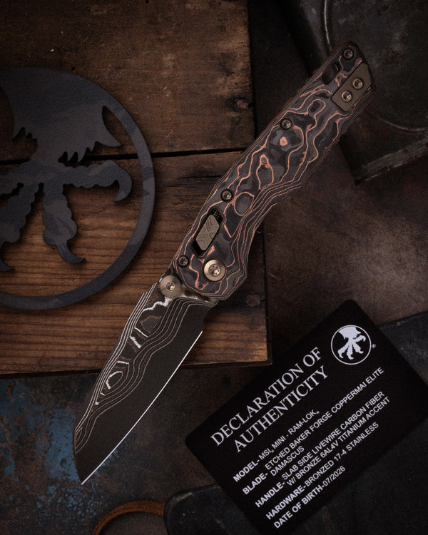 MSI® RAM-LOK® MINI MARFIONE SELECT BAKER FORGE COPPERMAI ELITE DAMASCUS SLAB SIDE LIVEWIRE CARBON FIBER W/ BRONZE TITANIUM ACCENT BRONZED STAINLESS (210M-16MS1)