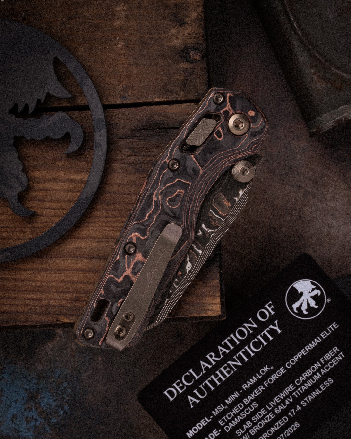 MSI® RAM-LOK® MINI MARFIONE SELECT BAKER FORGE COPPERMAI ELITE DAMASCUS SLAB SIDE LIVEWIRE CARBON FIBER W/ BRONZE TITANIUM ACCENT BRONZED STAINLESS (210M-16MS1)