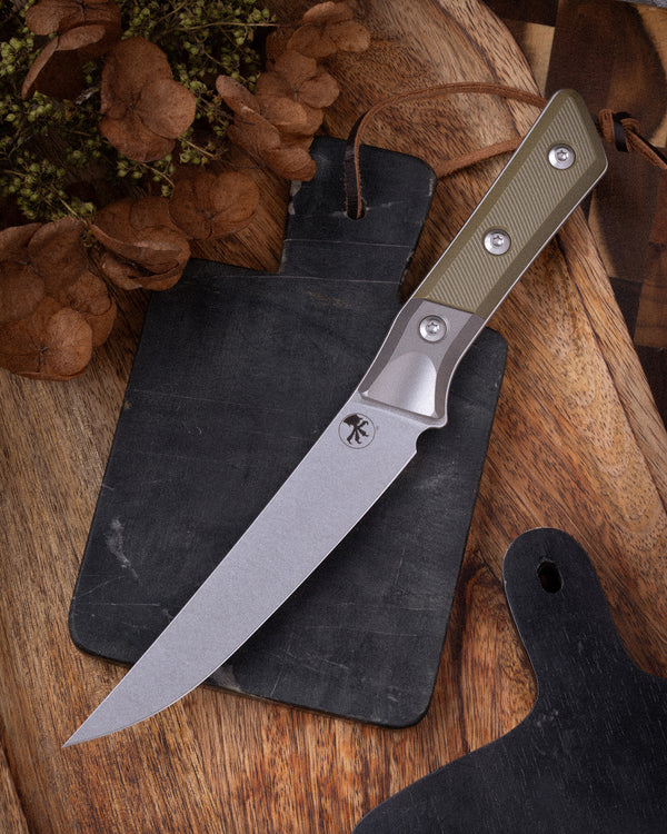 Boning Knife Stonewash Standard Titanium Bolster OD Green G-10 (3100B-10OD)