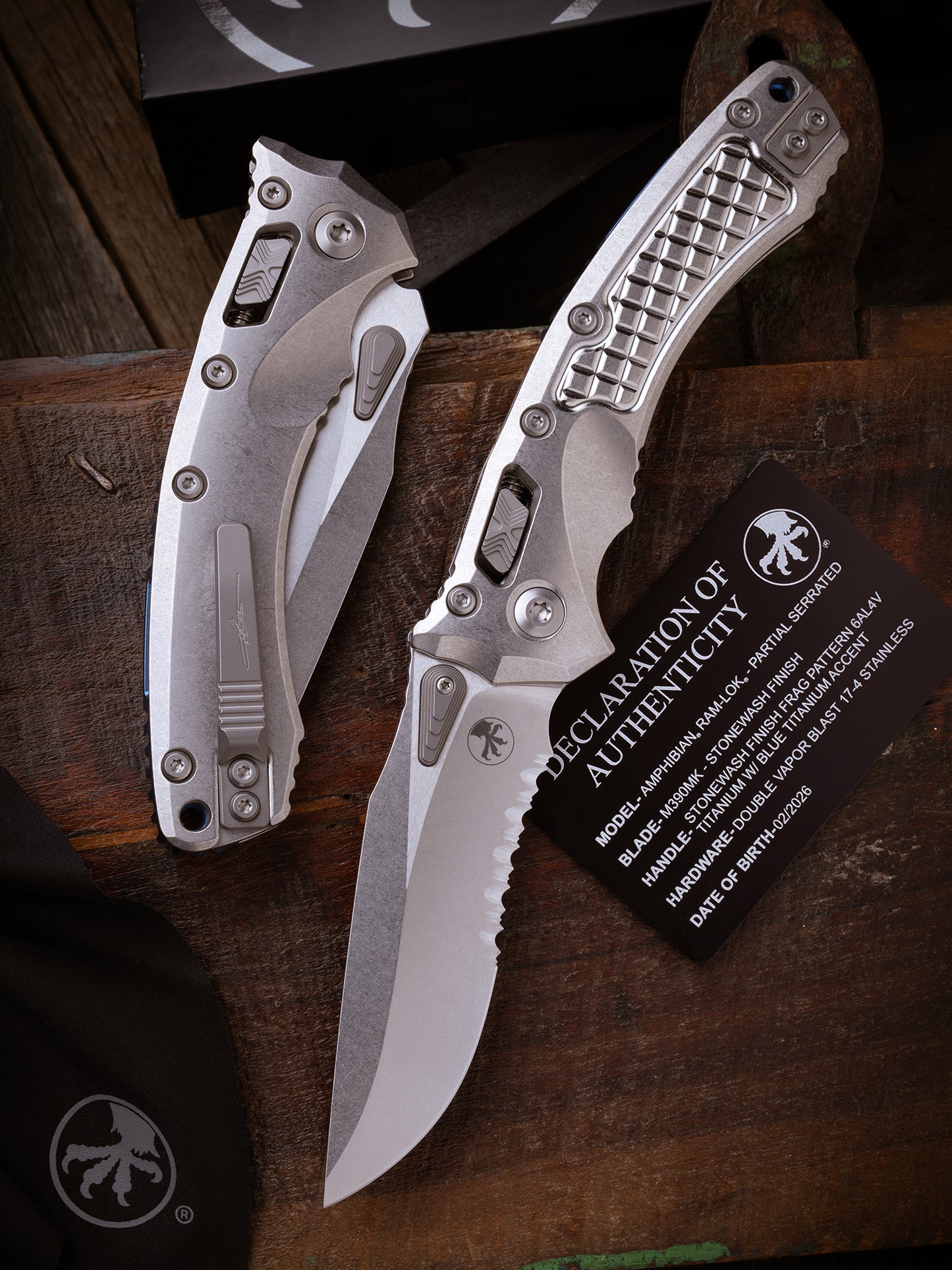 Amphibian® - RAM-LOK™ PARTIAL SERRATED MARFIONE SELECT STONEWASH FINISH STONEWASH FINISH FRAG PATTERN TITANIUM W/BLUE TITANIUM ACCENT DOUBLE VAPOR BLAST STAINLESS (137RL-11FRMS2)
