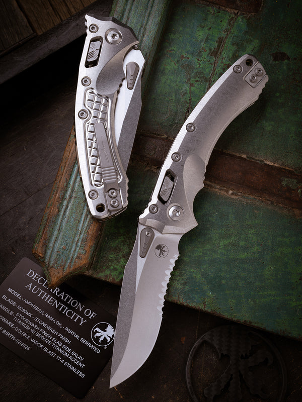 Amphibian® - RAM-LOK™ PARTIAL SERRATED MARFIONE SELECT STONEWASH FINISH STONEWASH FINISH SLAB SIDE TITANIUM W/BLUE TITANIUM ACCENT DOUBLE VAPOR BLAST STAINLESS (137RL-11MS2)