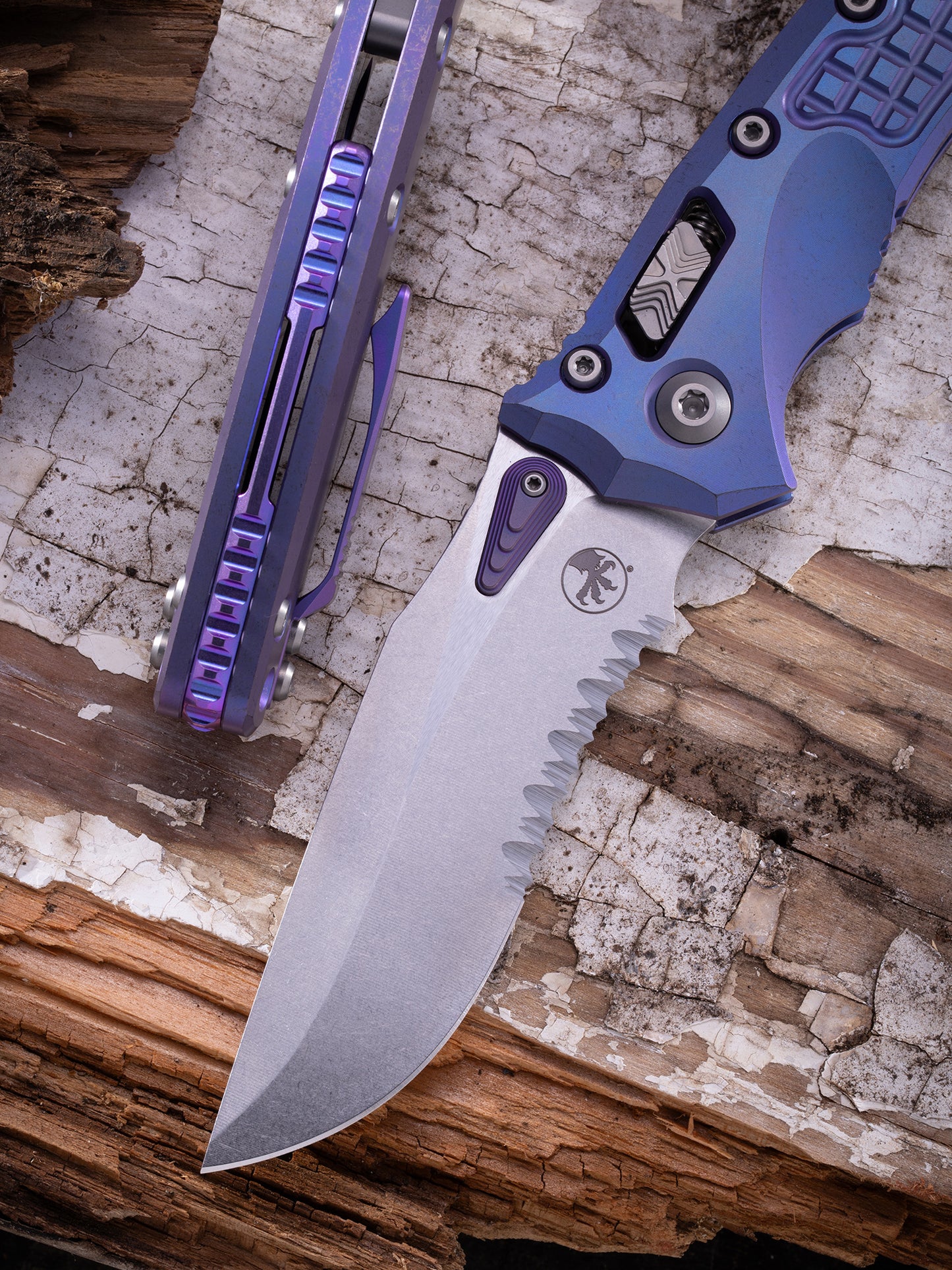 Amphibian® – RAM-LOK™ MARFIONE SELECT STONEWASH FINISH PURPLE HAZE ANODIZED FRAG PATTERN TITANIUM W/PURPLE TITANIUM ACCENT DOUBLE VAPOR BLAST STAINLESS