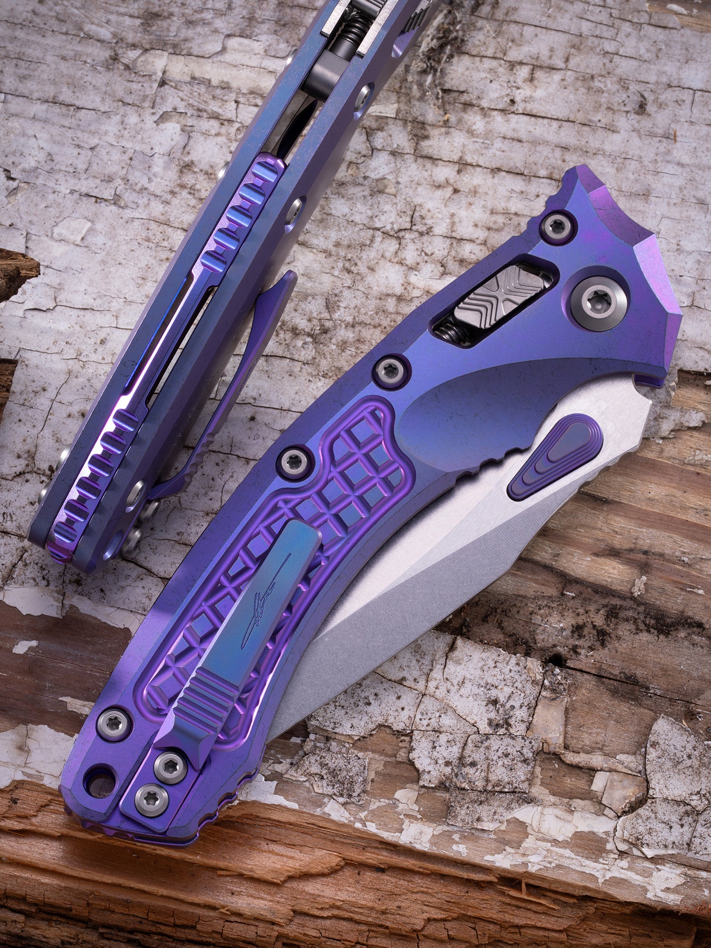 Amphibian® – RAM-LOK™ MARFIONE SELECT STONEWASH FINISH PURPLE HAZE ANODIZED FRAG PATTERN TITANIUM W/PURPLE TITANIUM ACCENT DOUBLE VAPOR BLAST STAINLESS