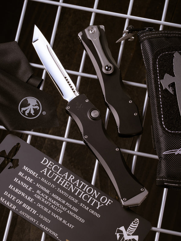 HALO IV TANTO EDGE- STAR GRIND MIRROR POLISH BLACK HARDCOAT ANODIZED ALLOY DOUBLE VAPOR BLAST MADE IN USA