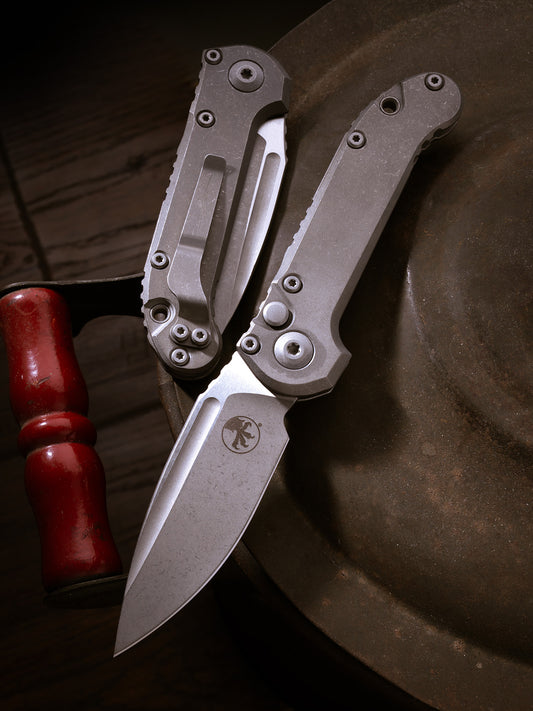 LUDT CLIP POINT MARFIONE SELECT STONEWASH SLAB SIDE TITANIUM W/ APOCALYPTIC TITANIUM ACCENT HARDWARE