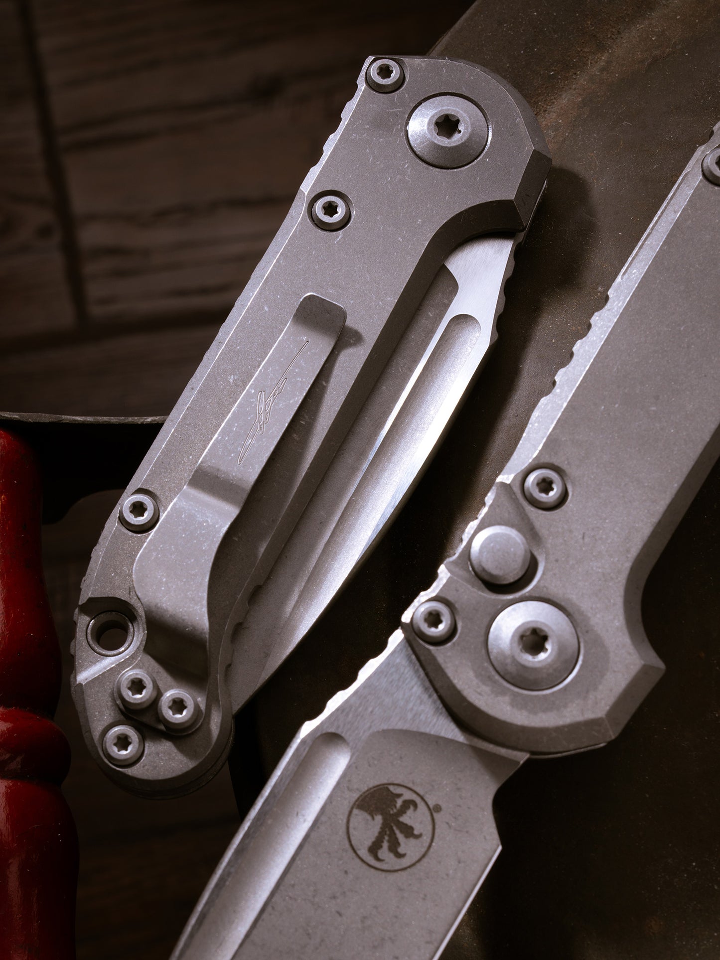 LUDT CLIP POINT MARFIONE SELECT STONEWASH SLAB SIDE TITANIUM W/ APOCALYPTIC TITANIUM ACCENT HARDWARE PART SERRATE