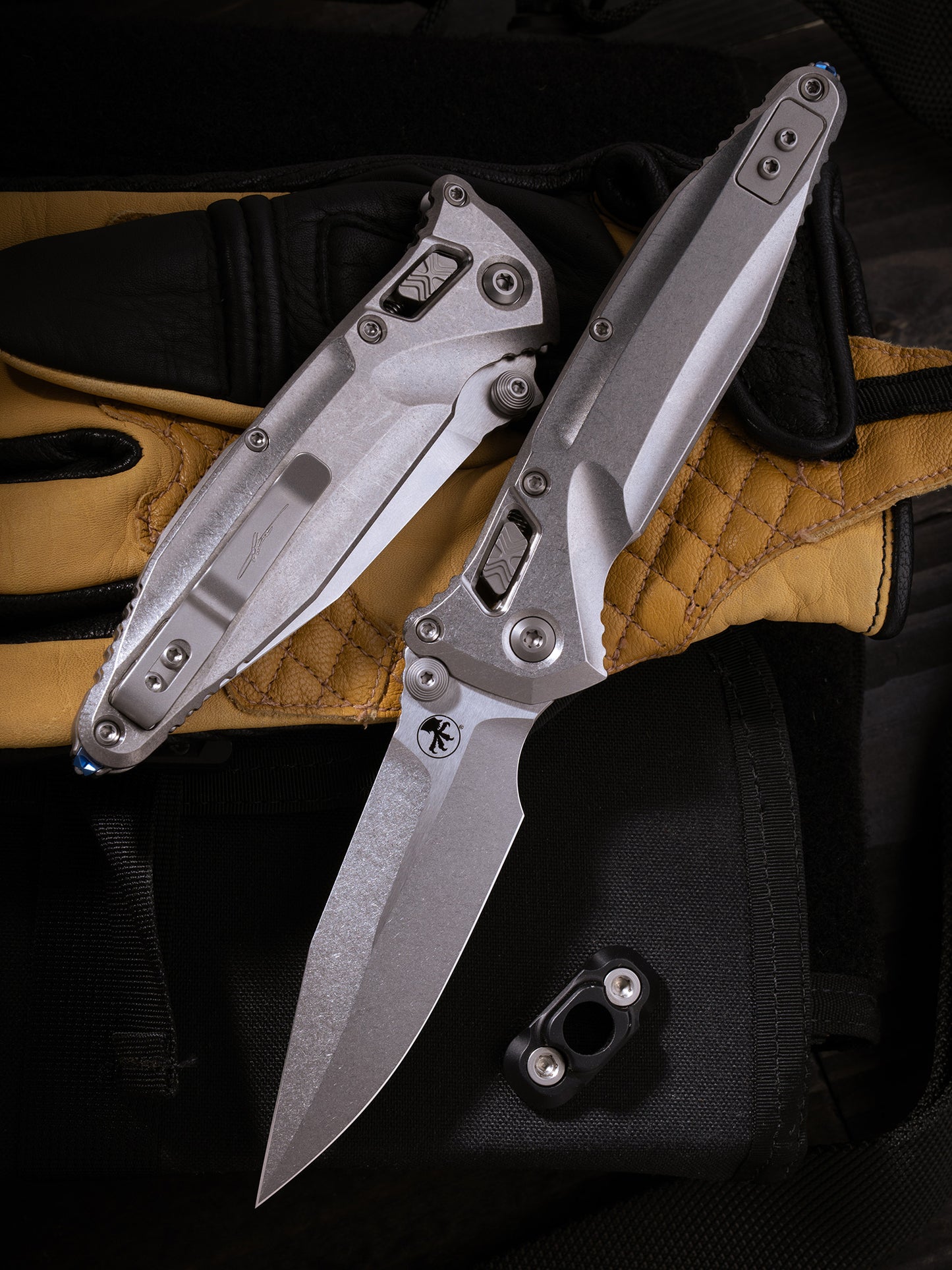 Socom® Elite Delta RAM-LOK™ – Spear Point Marfione Select Stonewash Finish Titanium W/ Blue titanium Accent Double Vapor Blast