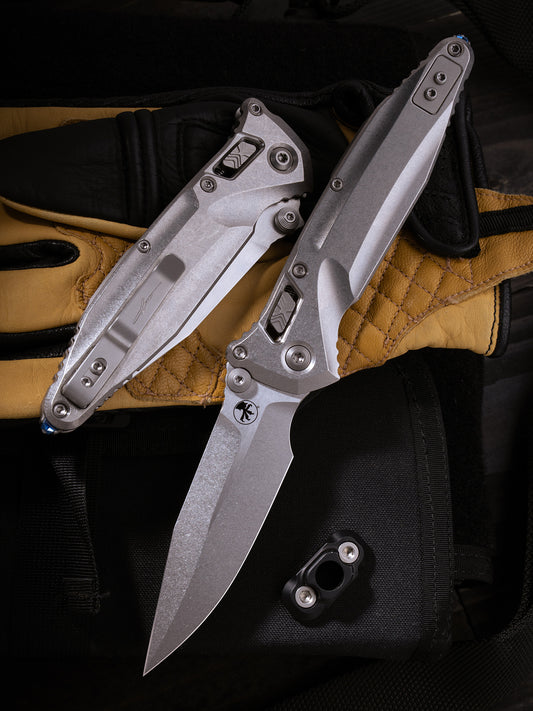 Socom® Elite Delta RAM-LOK™ – Spear Point Marfione Select Stonewash Finish Titanium W/ Blue titanium Accent Double Vapor Blast