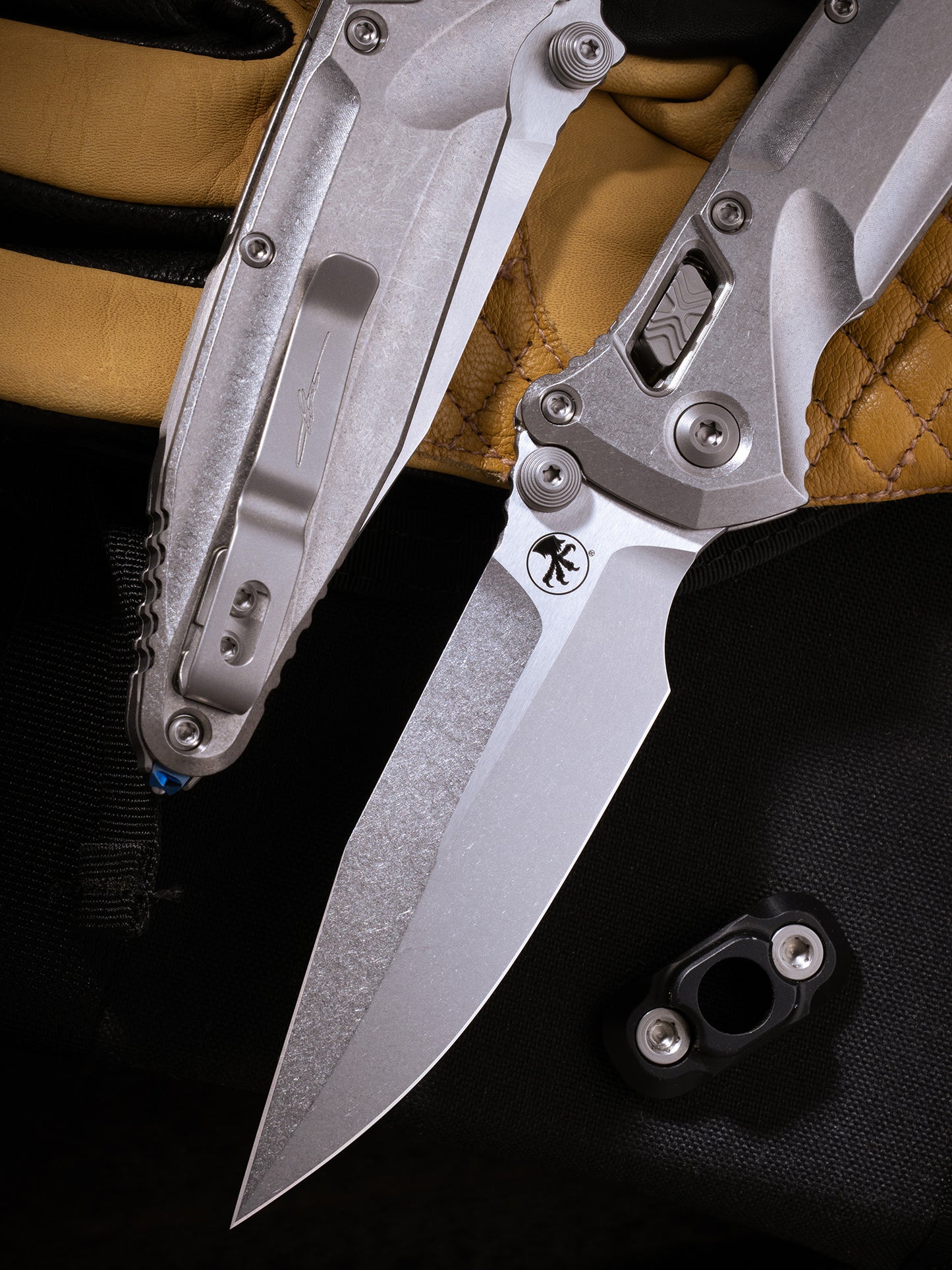 Socom® Elite Delta RAM-LOK™ – Spear Point Marfione Select Stonewash Finish Titanium W/ Blue titanium Accent Double Vapor Blast