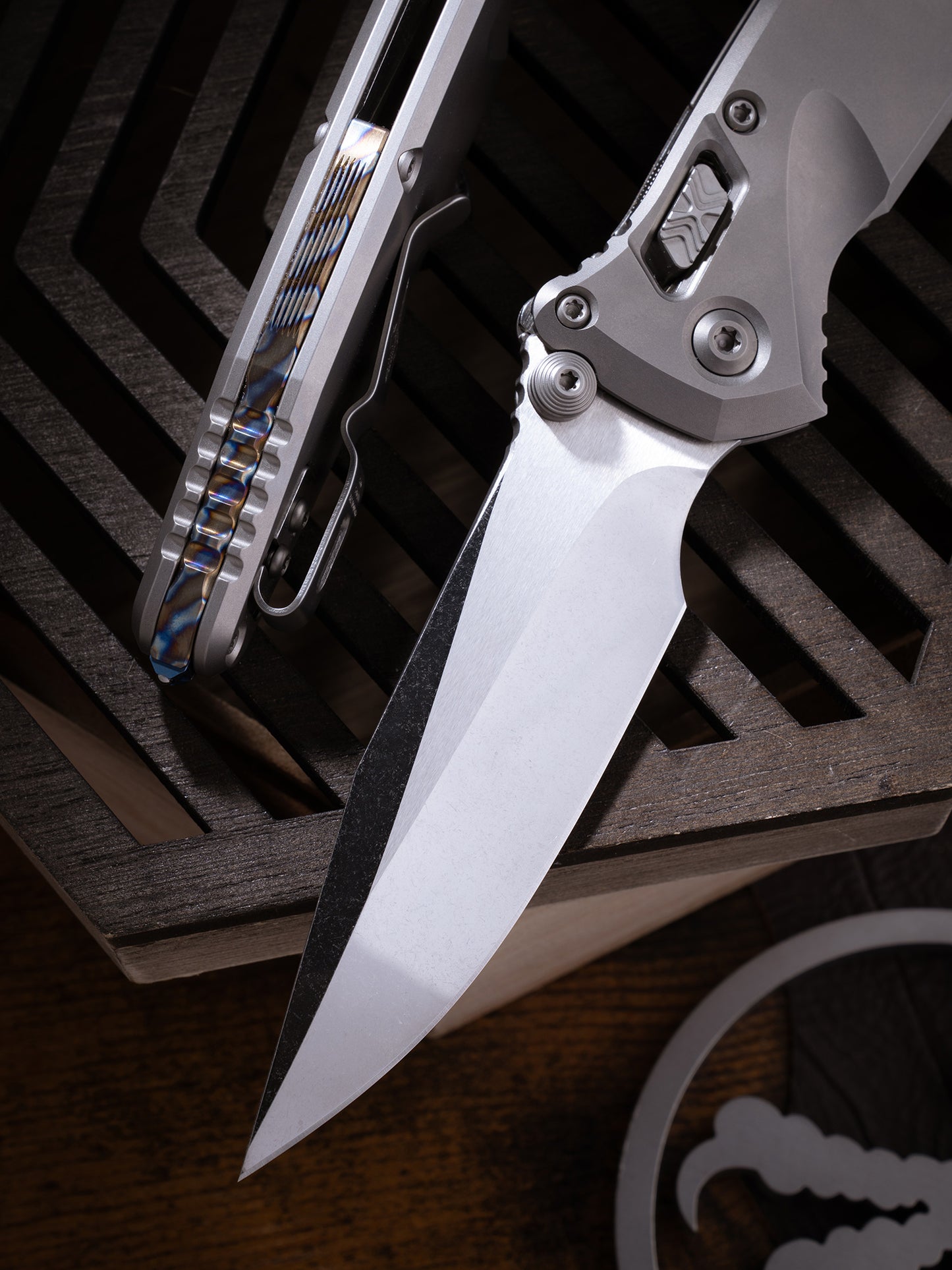 Socom® Elite RAM-LOK™ – Clip Point Cracked Ice Finish Double Vapor Blast Slab Side Titanium w/ Flamed Ti Accent Double Vapor Blast Stainless Prototype