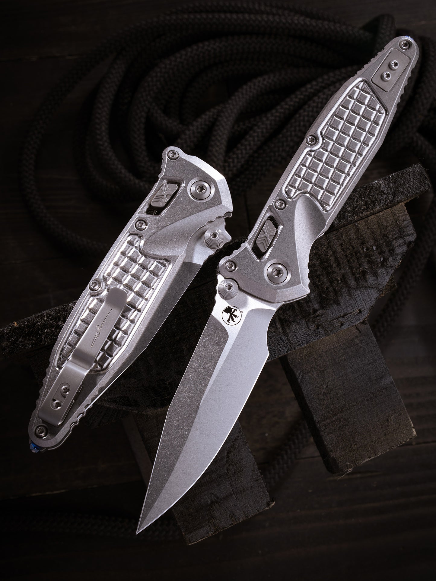 Socom® Elite RAM-LOK™ – Spear Point Marfione Select Stonewash Finish Frag Pattern Titanium W/ Blue Titanium Accent Double Vapor Blast Stainless