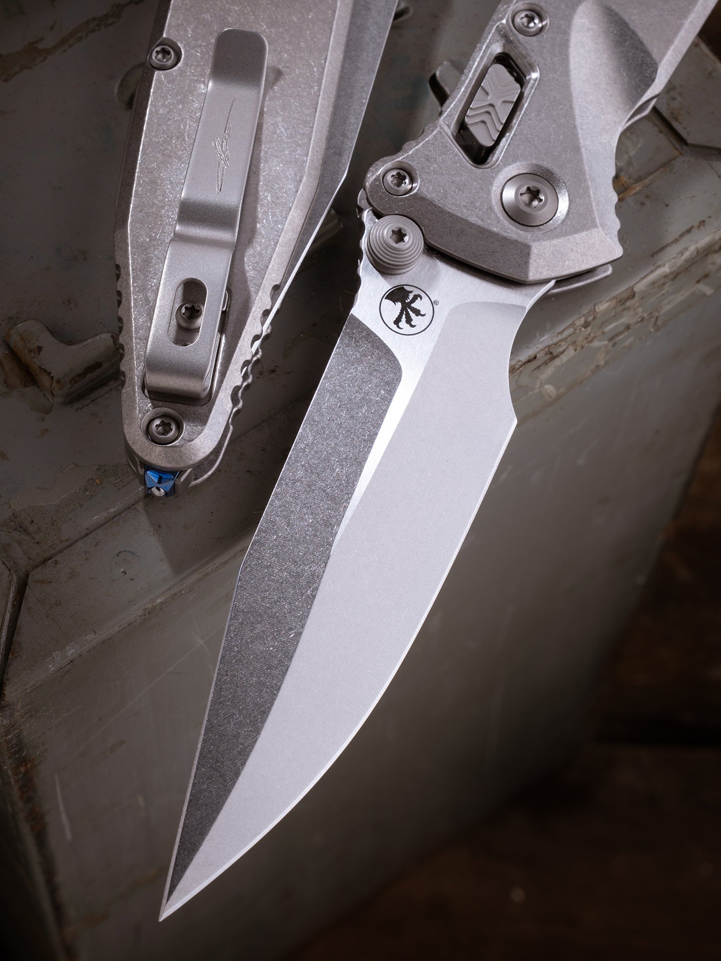 Socom® Elite RAM-LOK™ – Spear Point Marfione Select Stonewash Finish Slab Side Titanium E/ Blue Titanium Accent Double Vapor Blast Stainless