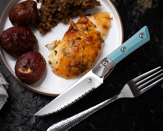 Steak Knife Set (4) Stonewash Full Serrate Titanium Bolster Caribbean Blue G-10 (3600B-12SETCA)