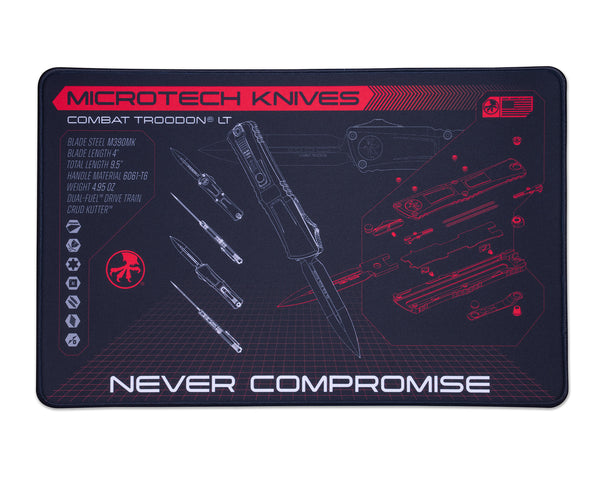 Microtech Knives product mat with Combat Troodon design and Microtech Knives branding on a black background