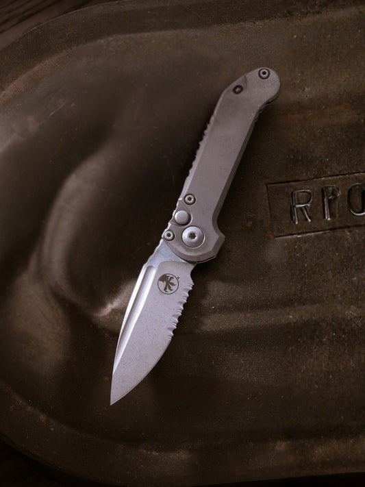 LUDT CLIP POINT MARFIONE SELECT STONEWASH SLAB SIDE TITANIUM W/ APOCALYPTIC TITANIUM ACCENT HARDWARE PART SERRATE